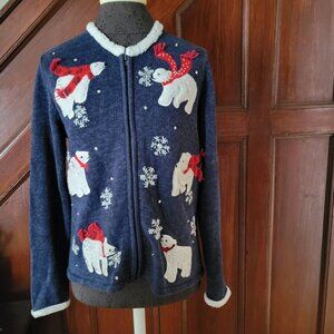 Real Comfort by Chadwick’s Zipper Front Christmas Sweater Cardigan M Polar Bears